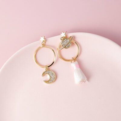 [925純銀]不對稱星月流蘇韓式耳環