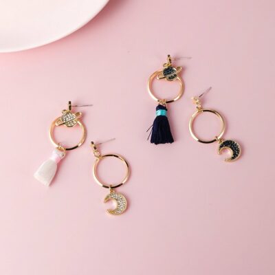 [925純銀]不對稱星月流蘇韓式耳環
