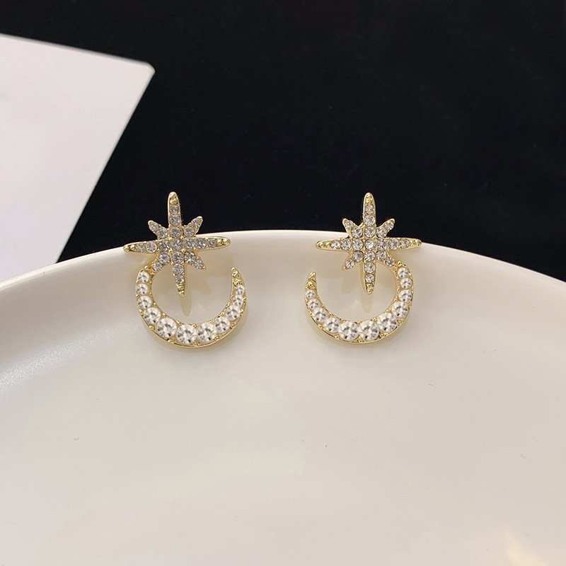 [925銀針]復古珍珠溫柔水鉆五角星C形耳針耳環