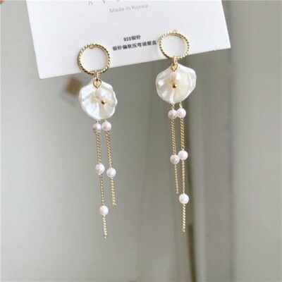 [925銀針]珍珠貝殼流蘇耳環