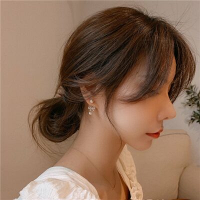 [925銀針]甜美蝴蝶結珍珠耳環