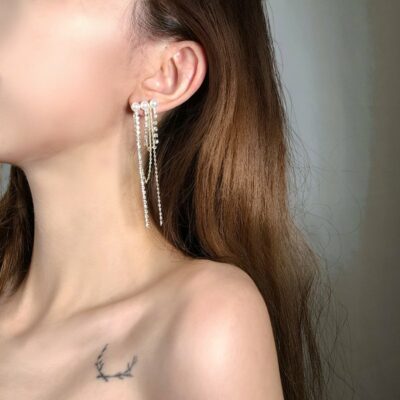 [925純銀]珍珠滿鑽流蘇耳環