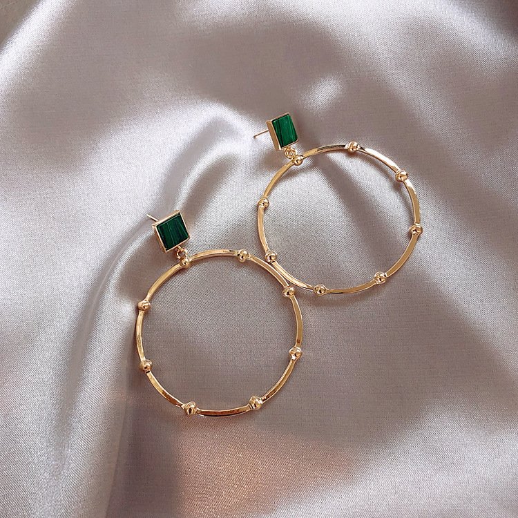 [925銀針]復古綠孔雀石金屬大圈耳環