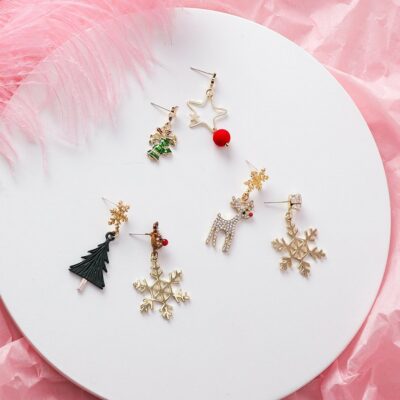 [925銀針]不對稱雪花聖誕樹麋鹿聖誕耳環