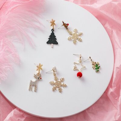 [925銀針]不對稱雪花聖誕樹麋鹿聖誕耳環