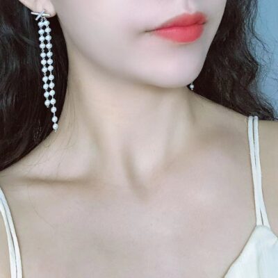 [925純銀]交叉流蘇珍珠耳環