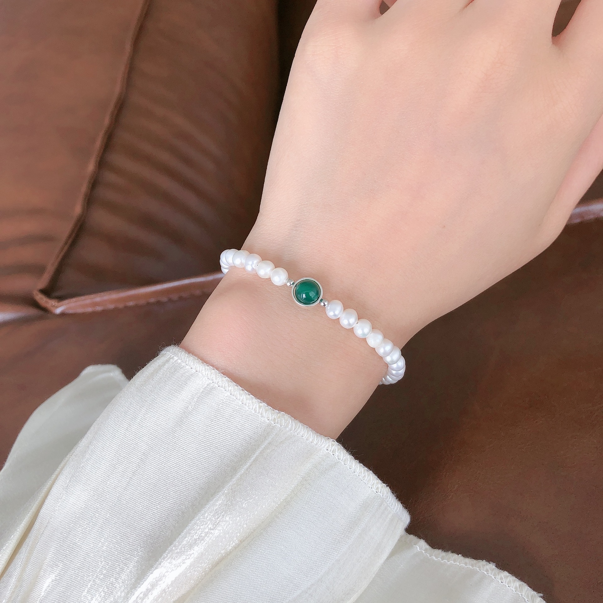 [925純銀]珍珠綠瑪瑙手鏈