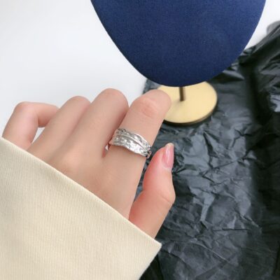 [925純銀]幾何開口樹葉紋理戒指