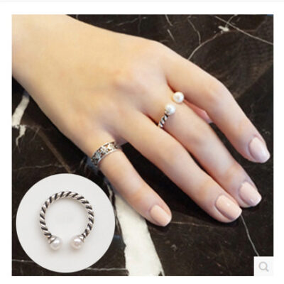[925純銀]復古雙珍珠開口戒指