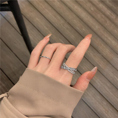 [合金]鑲鑽鋯石交叉開口戒指