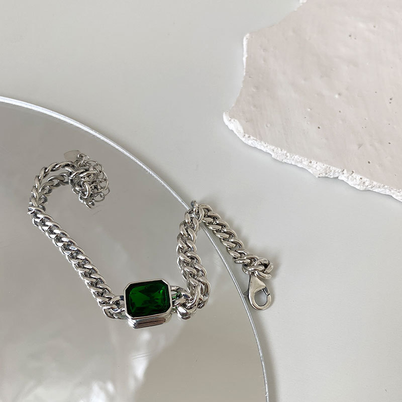 [925純銀]法式複古風綠色鋯石鏈條手鍊
