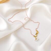 [合金]水晶珍珠小花串珠項鍊 - A 粉色