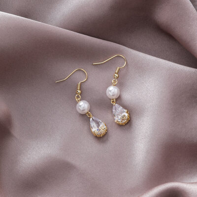 [鋼針]復古珍珠鋯石水滴耳環