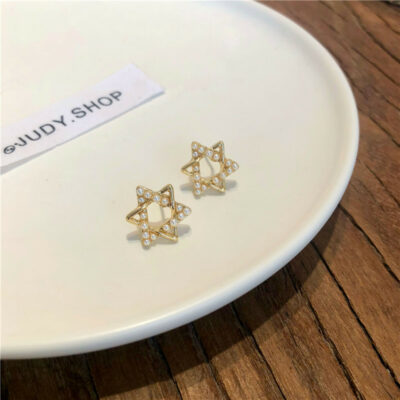[925銀針]簡約六角星珍珠耳釘