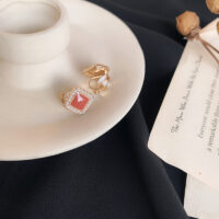 [鋼針]復古珍珠小香風耳環 - 6號 橘色 軟墊耳夾