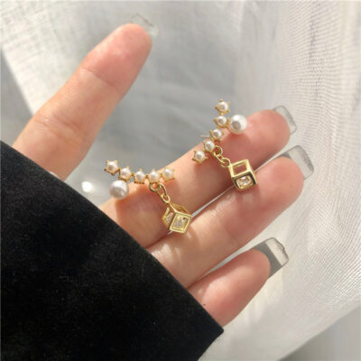 [925銀針]優雅珍珠方形耳環