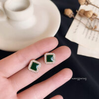 [鋼針]復古珍珠小香風耳環 - 2號 綠色 耳釘