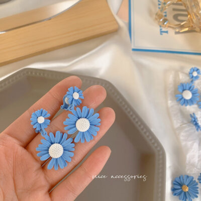 [鋼針]藍色蝴蝶花朵耳環