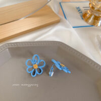 [鋼針]藍色蝴蝶花朵耳環 - 4號軟墊耳夾款