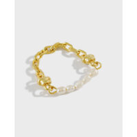 [925純銀]淡水珍珠鏈條戒指 - 7號, 白金色