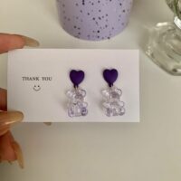 [925銀針]韓國透明小熊耳環 - 紫色银针