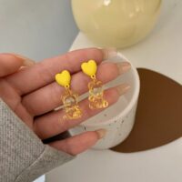 [925銀針]韓國透明小熊耳環 - 黄色银针