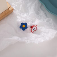 [鋼針]清新甜美撞色花朵耳釘 - E 藍+紅（耳夾款）