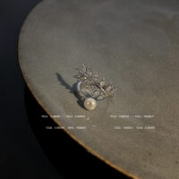 [銅]珍珠樹葉鋯石開口戒指 - HSLJ225银, 开口可调节