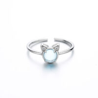 [銅]仿造水晶貓咪戒指 - 蓝色猫咪戒指（白金色）, 开口可调节