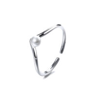 [銅]法式復古ins珍珠戒指 - V型珍珠戒指（白金色）, 开口可调节