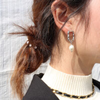 [316L鈦鋼]幾何淡水珍珠耳環 - 钢色耳饰一对
