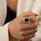 [316L鈦鋼]宮廷鑲嵌橢圓對戒 - A630-金色蓝锆石戒指, 7号