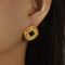 [316L鈦鋼]紐扣圓方鑲鉆耳環 - F1389-金色镶绿玻璃耳环